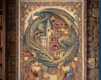 Magical Dragon Lore Castle Library Ritual Sanctuary Fantasy Woven Tapestry Blanket