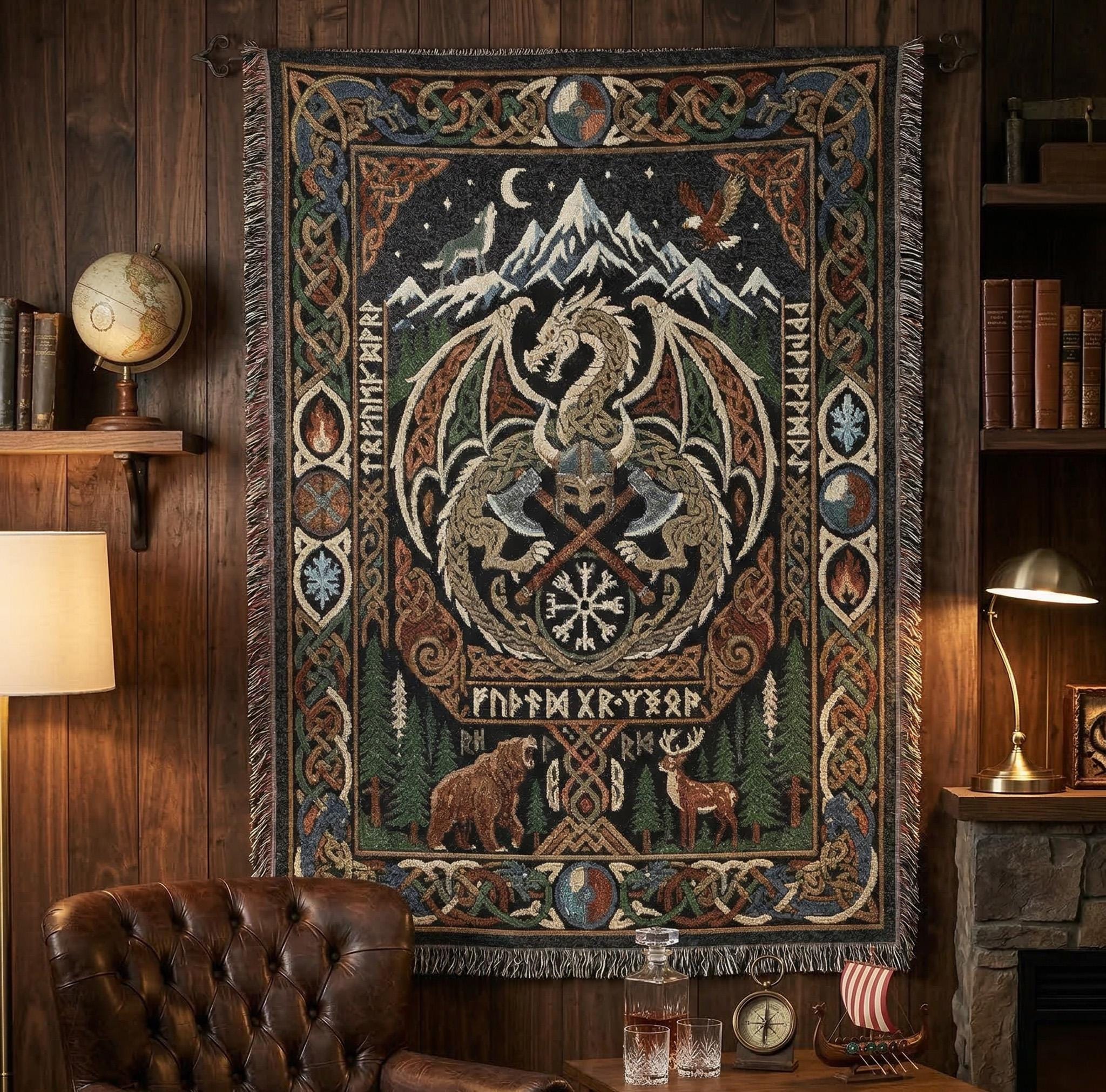 Norse Dragon Woven Blanket | Celtic Knotwork & Rune Border Throw ...