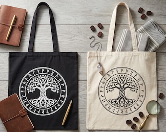 Norse Viking Tote Bag Yggdrasil Runes Celtic Knotwork Serpent Raven Ship Mjolnir Canvas Two Sided