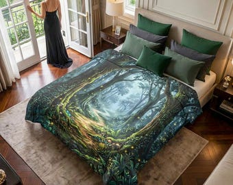 Enchanted Forest Path Comforter | Glowing Woodland Bedding | Cozy Fantasy Nature Decor | King Queen Twin Sizes | Dreamy Twilight Forest