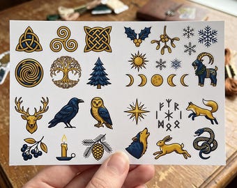 Mini Yule Pagan Sticker Pack | Celtic Winter Solstice Icons, Witchy Symbols