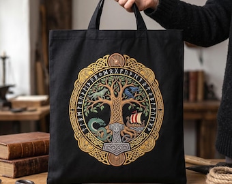 Norse Viking Tote Bag Yggdrasil Runes Celtic Knotwork Serpent Raven Ship Mjolnir Canvas