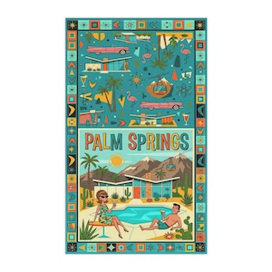 Palm Springs Mid Century Tea Towel | Flamingos, Convertibles & Poolside Modernism | Retro Desert Decor
