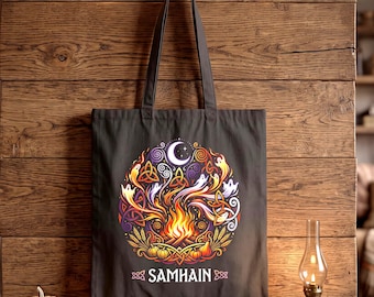 Samhain Celtic Tote Bag • Autumn Witchcraft Carryall • Pagan Festival Market Bag • Halloween Pumpkin Moon Phases Nature Magic Accessory