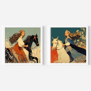 Royal Riders | Whimsical Princess & Horse Illustrations | Elegant Fairytale Art for Nursery and Fantasy Lovers | Digital Download