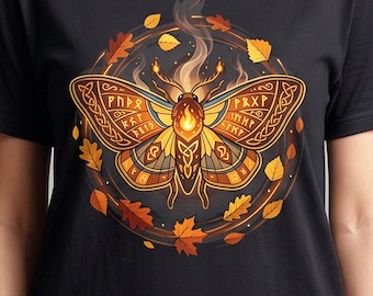 Samhain Ritual Flame Moth Tee | Pagan Autumn Runes Shirt | Celtic Knot Fall Apparel | Halloween