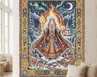 Christmas Norse Yule Protector Woven Blanket Nordic Winter Sorceress Tapestry Fantasy Art Throw Astrid Frostborn