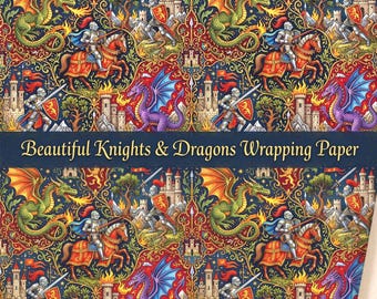 Medieval Fantasy Wrapping Paper Knight Dragon Castle Giftwrap Ornate Storybook Illustration Premium Matte or Glossy Roll
