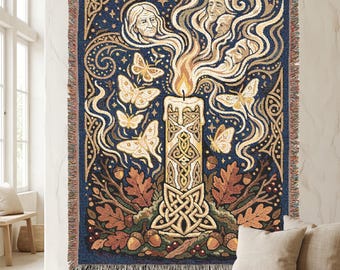 Samhain Woven Tapestry: Candle Vigil, Celtic Knotwork, Autumn Leaves, Spirit Smoke (Cotton Throw)
