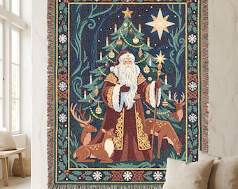 Father Christmas Yuletide Decor Woodland Woven Blanket Winter Holiday Tapestry Nordic Forest Art Throw