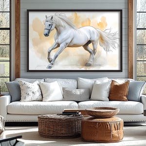 Majestic White Horse in Motion - Grace & Power Digital Art Print | Modern Farmhouse Decor | Multiple Aspect Ratios