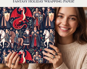 Fantasy Dragon Wrapping Paper Medieval Knight Wizard Horse Christmas Gift Wrap Holiday Camelot Theme