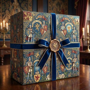 May include: A decorative gift box with a medieval theme, featuring illustrations of knights, shields, and heraldic symbols in shades of blue, red, and gold. The box is tied with a dark blue velvet ribbon and sealed with a gold wax emblem.