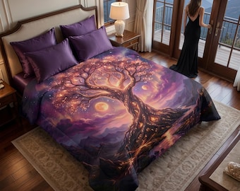 Rose Gold World Tree Comforter | Fantasy Bedding | Celestial Moons & Aurora | Mythic Glow Bedroom Decor | King Queen Twin Sizes