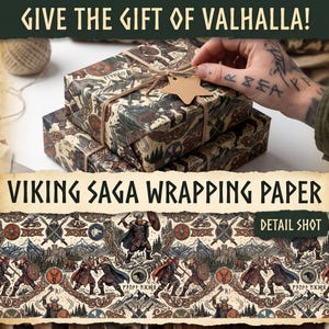 Viking Saga Wrapping Paper | Norse Warriors and Wolves Gift Wrap | Mythology Battle Pattern | Nordic Fantasy Gift Wrap Holidays & Birthdays