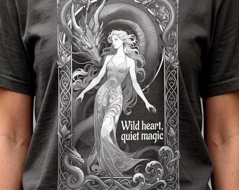 Wild Heart Quiet Magic Fae Woman Dragon Fantasy Art Nouveau Comfort Colors Tee