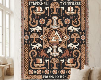 Viking Valknut Woven Blanket | Norse Mythology Tapestry Throw | Mjölnir Ravens Wolves Runes Decor | Viking Longship Cotton Blanket