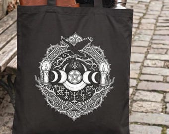 Witchy Tote Bag: Triple Moon, Raven, Celtic, Gothic Canvas School Bag