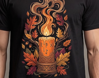 Samhain Ritual Flame Shirt | Pagan Runes Candle Tee, Celtic Knot Autumn Apparel