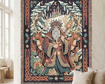 Norse Winter King Christmas Woven Blanket Yule Forest Reindeer Tapestry Mythic Holiday Nordic Art Throw