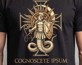Gnostic Cockerel Serpent Warrior | Abraxas | Know Thyself (in Greek) | Comfort Colors Tee