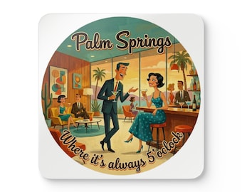 Palm Springs retro cocktail scene Corkwood Coaster Set | vintage midcentury bar art
