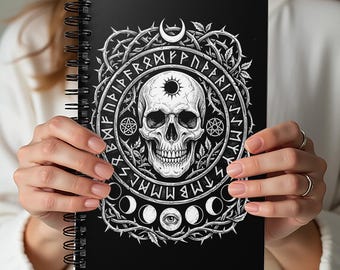 Occult Skull Spellbook Witchcraft Journal Gothic Moon Phase Notebook Pagan Rune Art Spiral Book