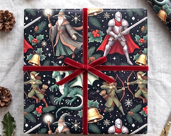 Fantasy Knight Wrapping Paper Medieval Dragon Christmas Gift Wrap Wizard Elf Holiday Camelot Theme