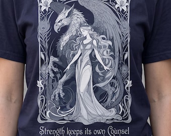 Strength Keeps Its Own Counsel Fae Woman Dragon Art Nouveau Fantasy Comfort Colors Tee