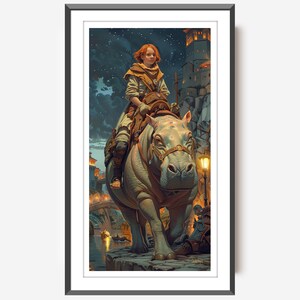 Steampunk Hippo, Digital Wall Art &quot;By the River Onyx&quot; Fantasy Art, Hippopotamus, Old World Illustration, Tartaria, Fantasy Castle Art