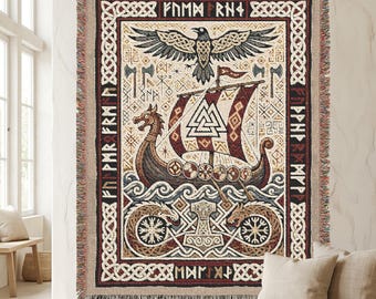 Viking Longship Woven Blanket | Norse Mythology Tapestry Throw | Raven, Runes & Mjölnir | 100% Cotton Nordic Blanket | Viking Decor