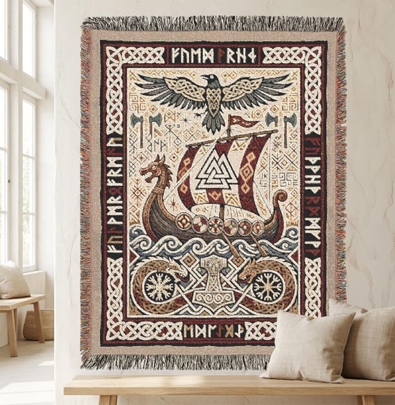 Viking Longship Woven Blanket | Norse Mythology Tapestry Throw | Raven, Runes & Mjölnir | 100% Cotton Nordic Blanket | Viking Decor