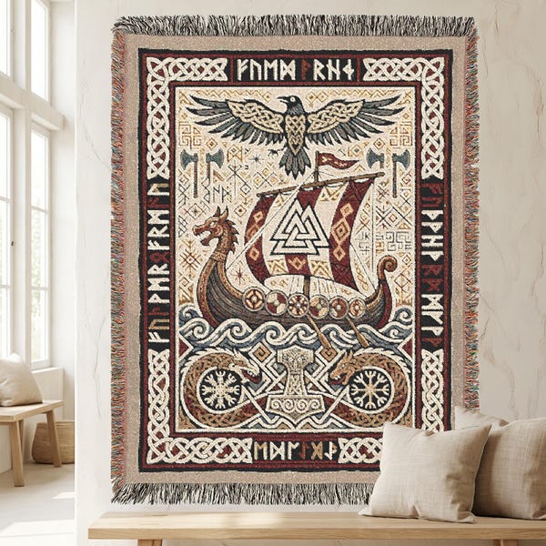 Viking Longship Woven Blanket | Norse Mythology Tapestry Throw | Raven, Runes & Mjölnir | 100% Cotton Nordic Blanket | Viking Decor