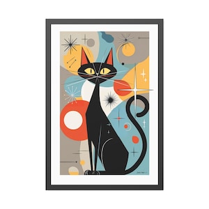 May include: A framed art print featuring a stylized black cat with yellow eyes and red ears. The cat is set against a mid-century modern background with geometric shapes in orange, blue, and yellow. The artwork has a retro, atomic age aesthetic.