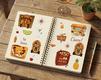 Sticker Sheet Retro Cocktail Bar Mid Century Lounge | Durable Die Cut Vinyl Stickers