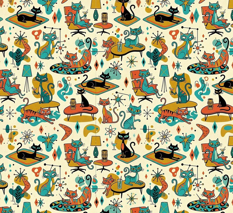 Atomic Era Wrapping Paper | Mid Century Modern Cats | Retro Gift Wrap ...