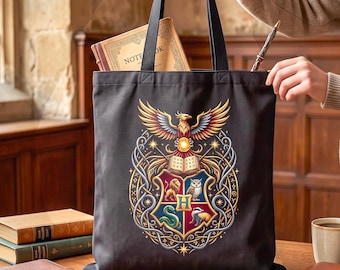 Wizard Academy Tote Magic Crest Phoenix Houses Study Canvas Two Sided Back to School Bag