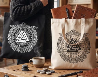 Norse Viking Tote Bag Valknut Runes Ravens Celtic Knotwork Nordic Canvas Two Sided Natural Black