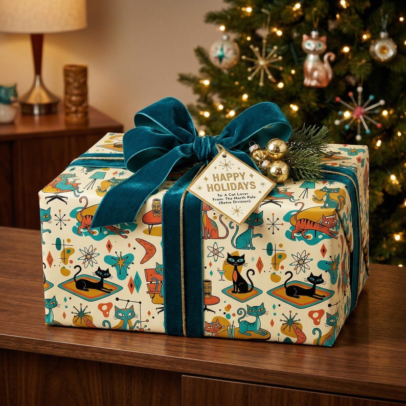 Atomic Era Wrapping Paper | Mid Century Modern Cats | Retro Gift Wrap ...