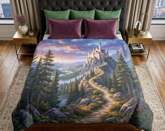 Castle Overlook Comforter | Fairytale Mountain Castle Bedding | Enchanted Forest Path | Fantasy Bedroom Decor | King Queen Twin Sizes