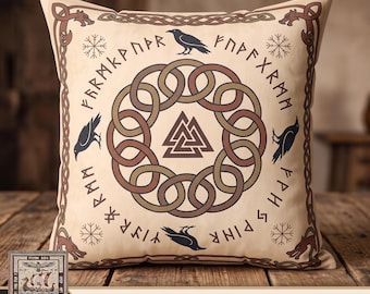 Valknut Rune Throw Pillow | Viking Longship Decor Cushion | Norse Mythology Ravens & Knotwork | Nordic Pagan Home Accent