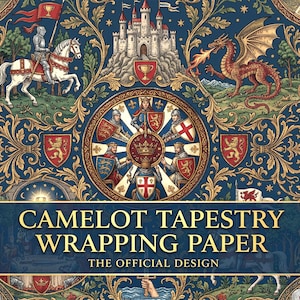 Camelot Wrapping Paper | Medieval Knights & Dragon Gift Wrap | Round Table Heraldry Pattern | Fantasy Renaissance Wrap | Arthurian Decor