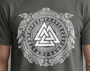 Norse Viking Shirt Valknut Runes Ravens Celtic Knotwork Nordic Symbol Tee Pepper Blue Spruce Navy Black