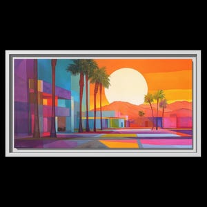Lienzo con vibrantes puestas de sol en Palm Springs, con o sin marco, para alquiler vacacional, arte de pared bohemio, en múltiples relaciones de aspecto y colores de marco.