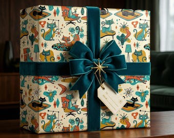 Atomic Era Wrapping Paper | Mid Century Modern Cats | Retro Gift Wrap | Palm Springs Style | Vintage Holiday & Birthday Paper