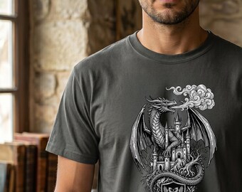 Dragon Castle Shirt Medieval Fantasy Tee Comfort Colors Engraved Dragon Graphic Heraldic Crest T Shirt Mythic Art Top