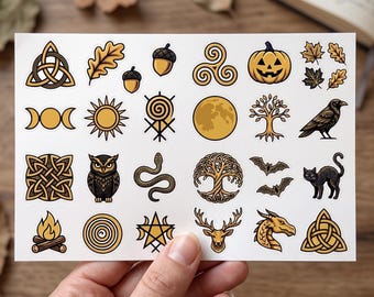 Samhain Celtic Sticker Sheet | Autumn Witchcraft Symbols | Pagan Nature Icons | Halloween Vinyl Decals | Fall Leaves Moon Phases Pumpkins