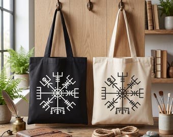 Norse Viking Tote Bag: Vegvisir Runes Celtic Compass Symbol (Natural or Black)
