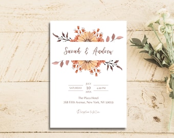 Autumn Fall Wedding Invitation Template, Autumn Floral Theme Wedding invite - DIY Rustic Fall Floral Wedding Invite Template