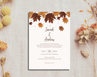 Rustic Autumn Fall Wedding Invitation Template, Maple leaves Fall Wedding Invite - DIY Fall Theme Autumn Wedding Template